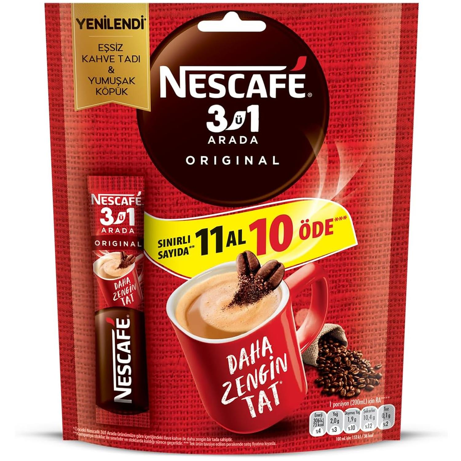 Nescafe 3'ü 1 Arada Original Çözünebilir Kahve 11 Al 10 Öde 11 x 17.5g