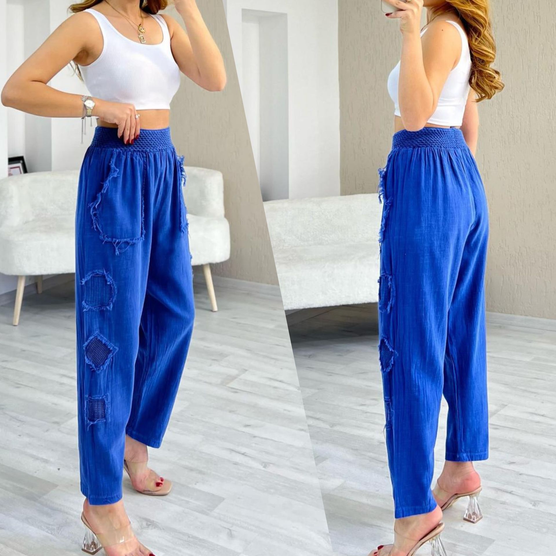 YANLAR FİLELİ KETEN ŞALVAR PANTOLON