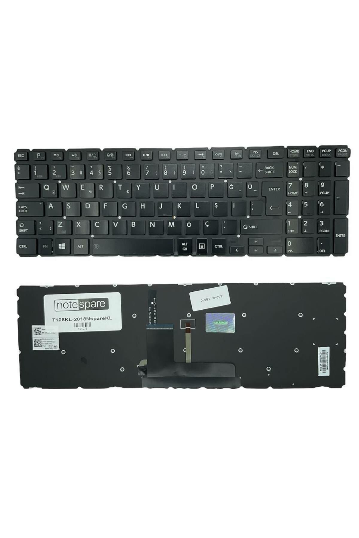 Toshiba ile Uyumlu Satellite C55-C-17F, C55-C-17G, C55-C-18K, C55-C-18M Işıklı Klavye Siyah TR