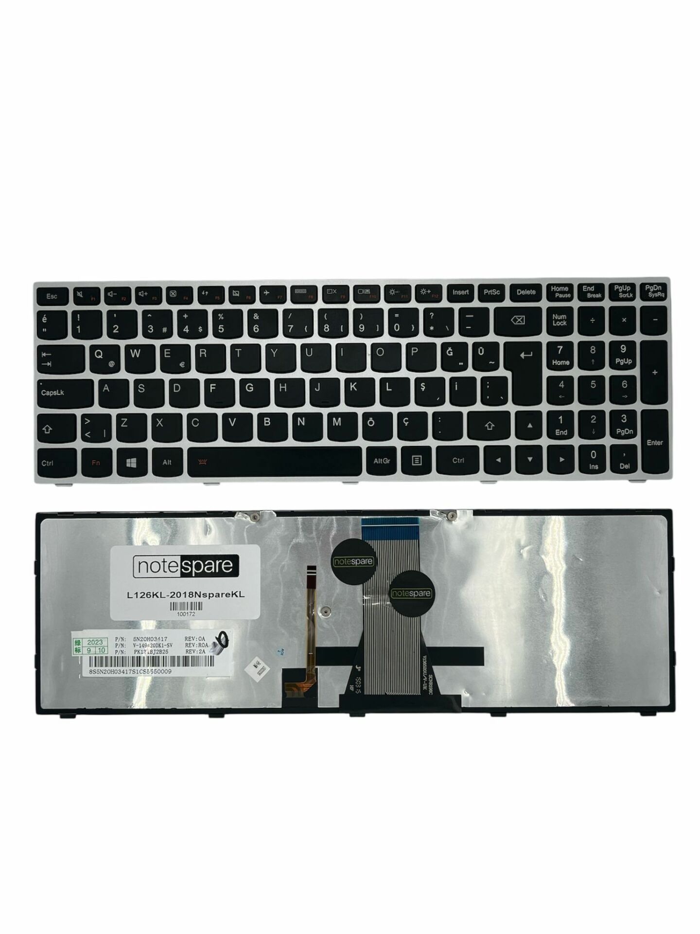 Lenovo ile Uyumlu B5080, B50-80, B5130, B51-30, B5135, B51-35 Işıklı Klavye Gümüş Gri TR
