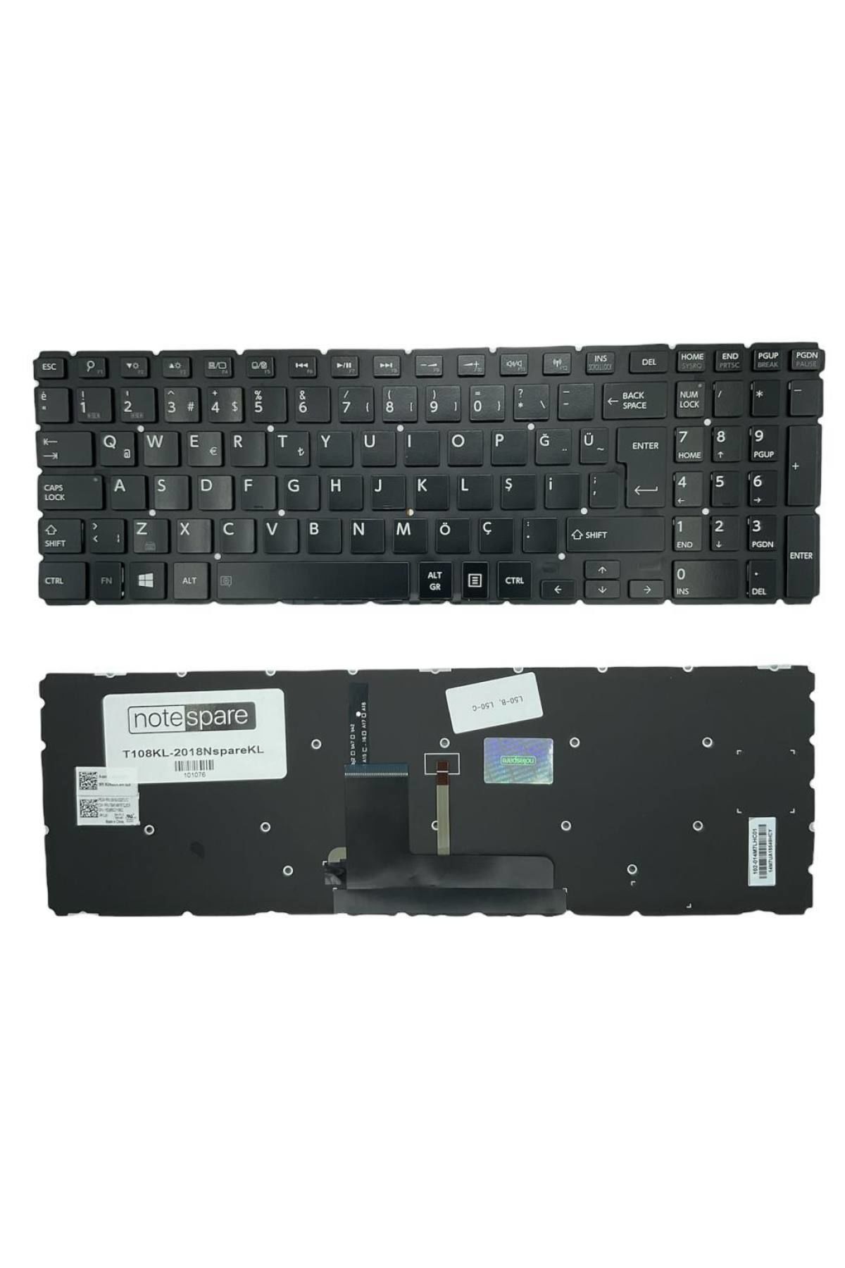 Toshiba ile Uyumlu Satellite L50-C-1WJ, L50-C-1WK, L50-C-1WP, L50-C-1ZN Işıklı Klavye Siyah TR