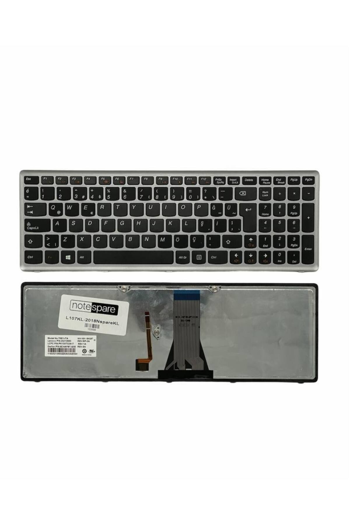 Lenovo ile Uyumlu T6E1-TUR, T6E1-US Notebook Klavye Işıklı Gümüş Gri TR