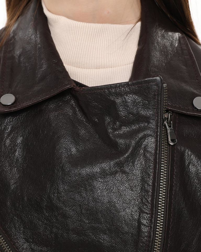 Brown Melody Woman Genuine Leather Biker Jacket