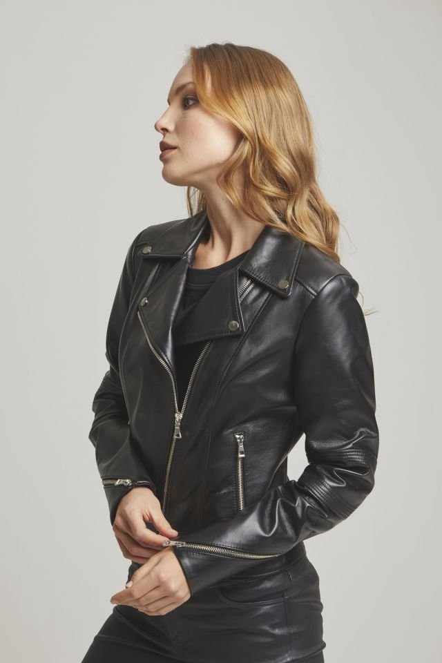 Black Edith Woman Genuine Leather Biker Jacket