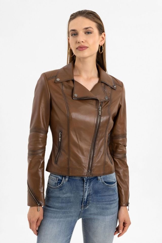 Brown Tatum Slim Fit Woman Genuine Leather Biker Jacket