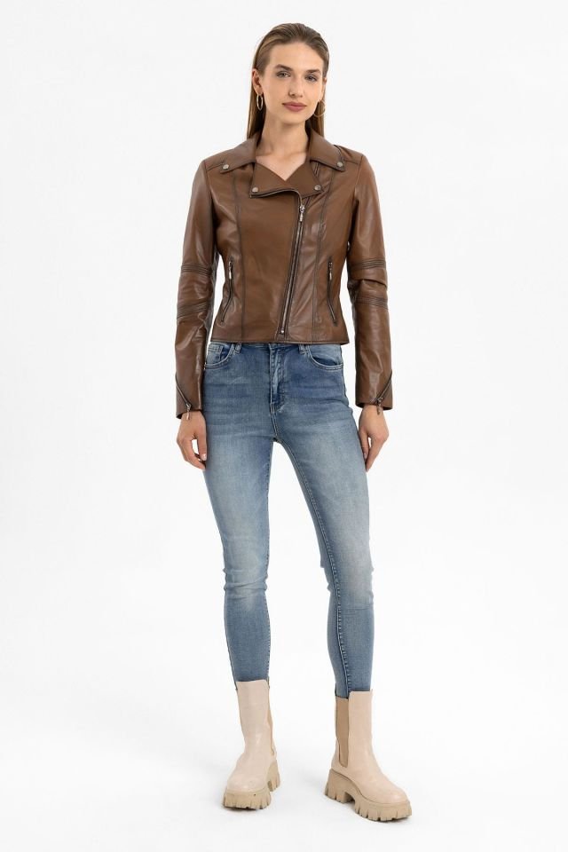 Brown Tatum Slim Fit Woman Genuine Leather Biker Jacket