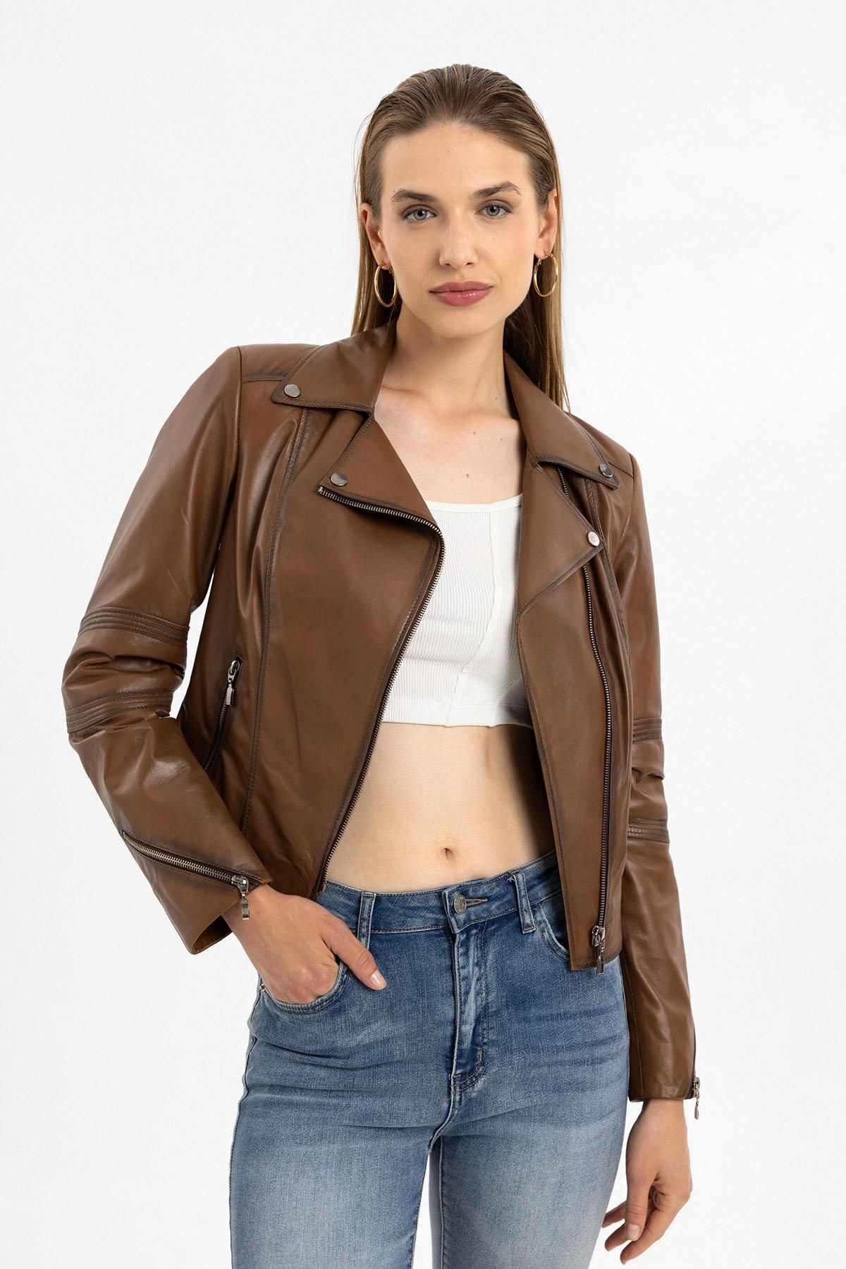 Brown Tatum Slim Fit Woman Genuine Leather Biker Jacket