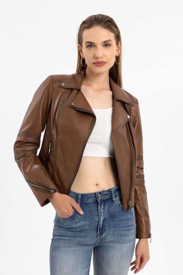Brown Tatum Slim Fit Woman Genuine Leather Biker Jacket