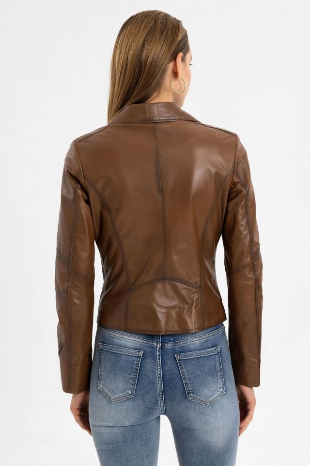 Brown Tatum Slim Fit Woman Genuine Leather Biker Jacket