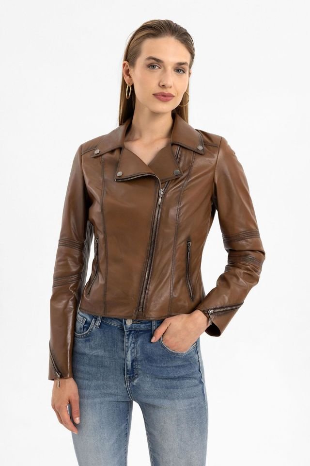 Brown Tatum Slim Fit Woman Genuine Leather Biker Jacket