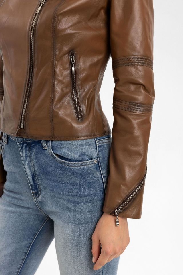 Brown Tatum Slim Fit Woman Genuine Leather Biker Jacket