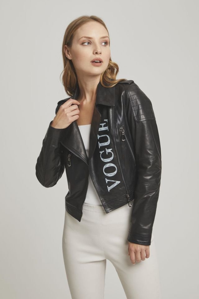 Black Vogue Woman Genuine Leather Biker Jacket