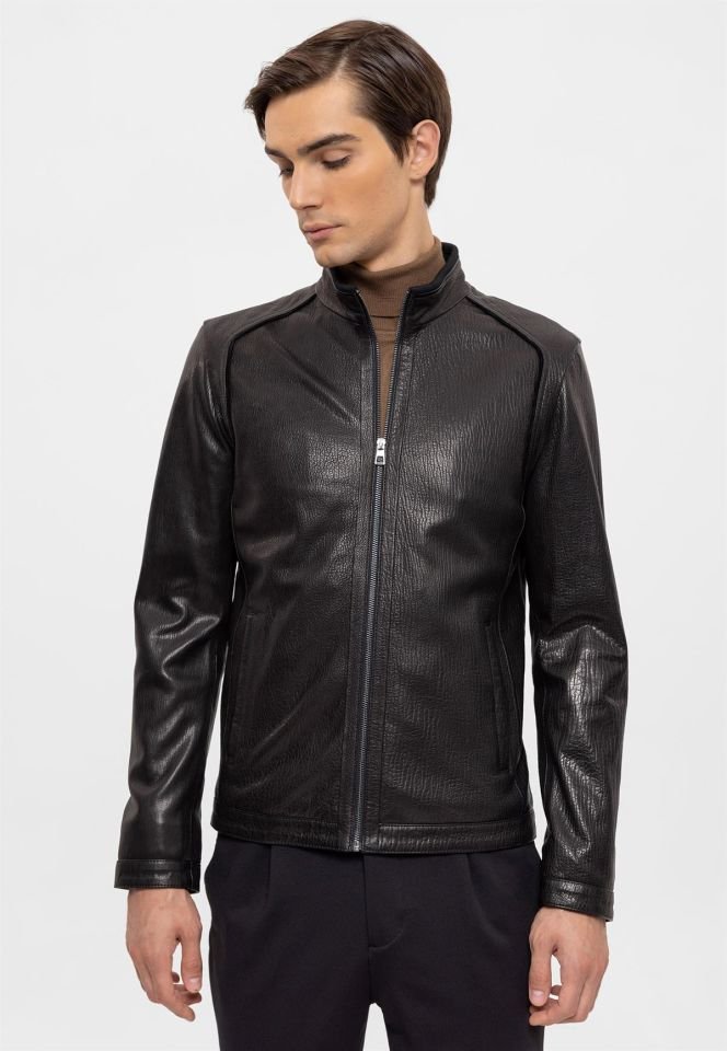 Black Bruno Man Genuine Leather Jacket