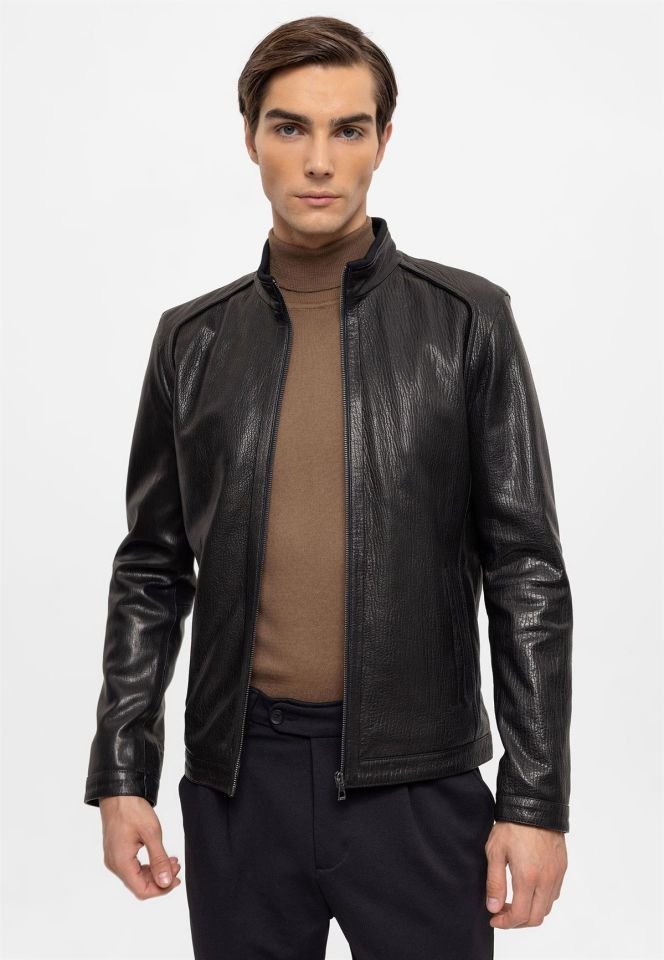 Black Bruno Man Genuine Leather Jacket