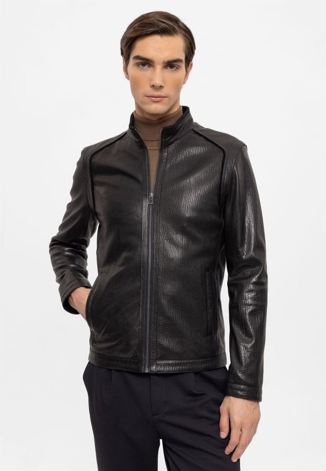 Black Bruno Man Genuine Leather Jacket