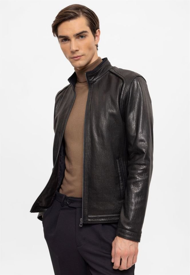 Black Bruno Man Genuine Leather Jacket