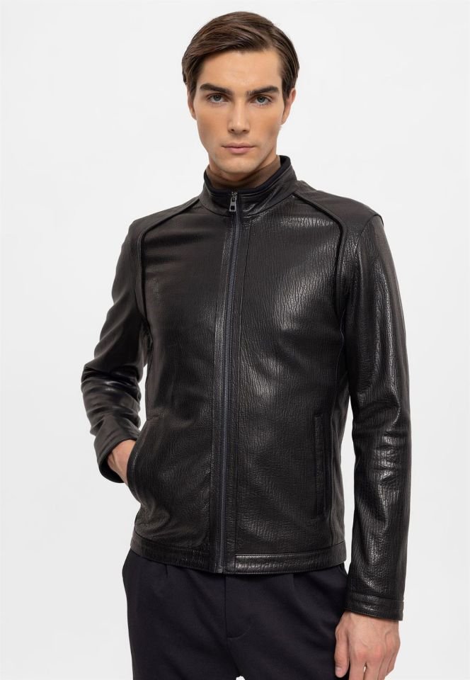 Black Bruno Man Genuine Leather Jacket