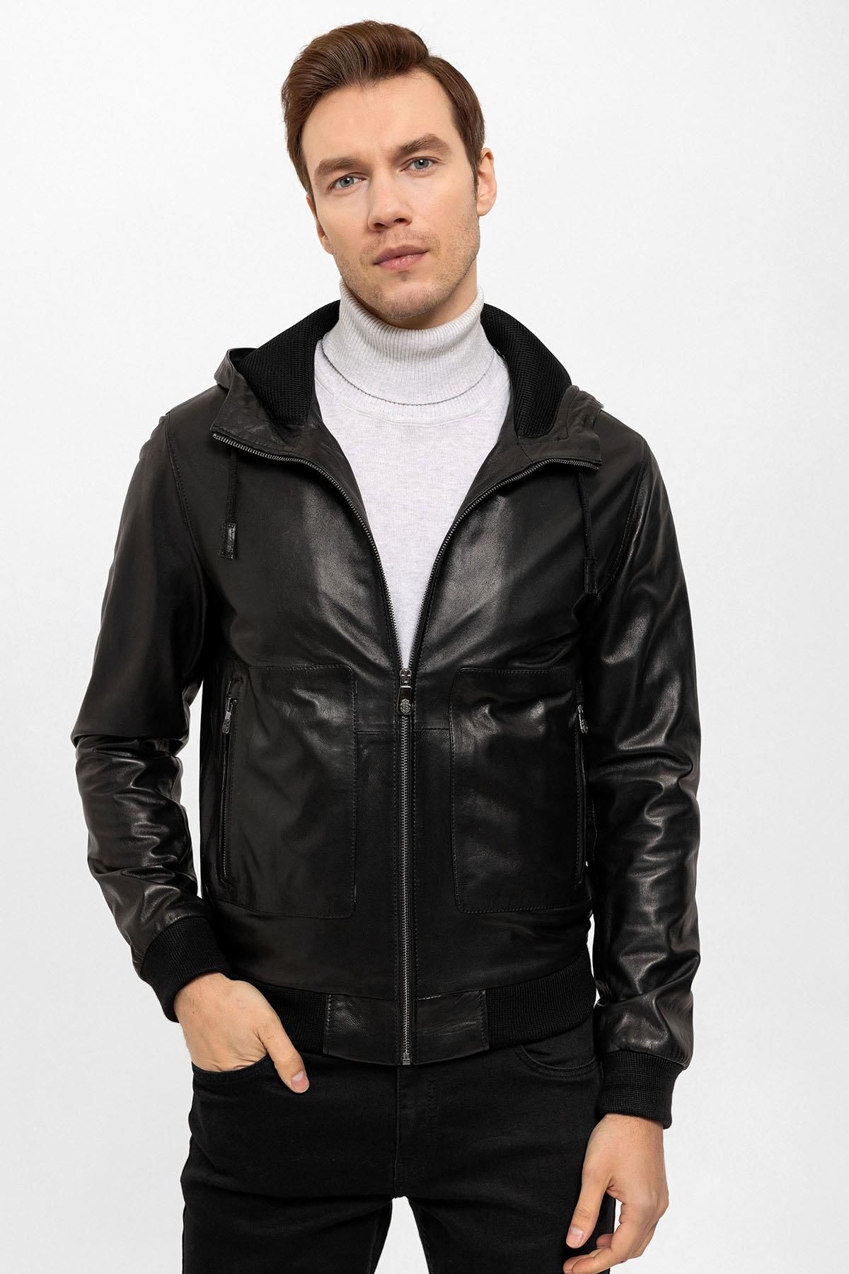 Black Clint Hooded Man Genuine Leather Jacket