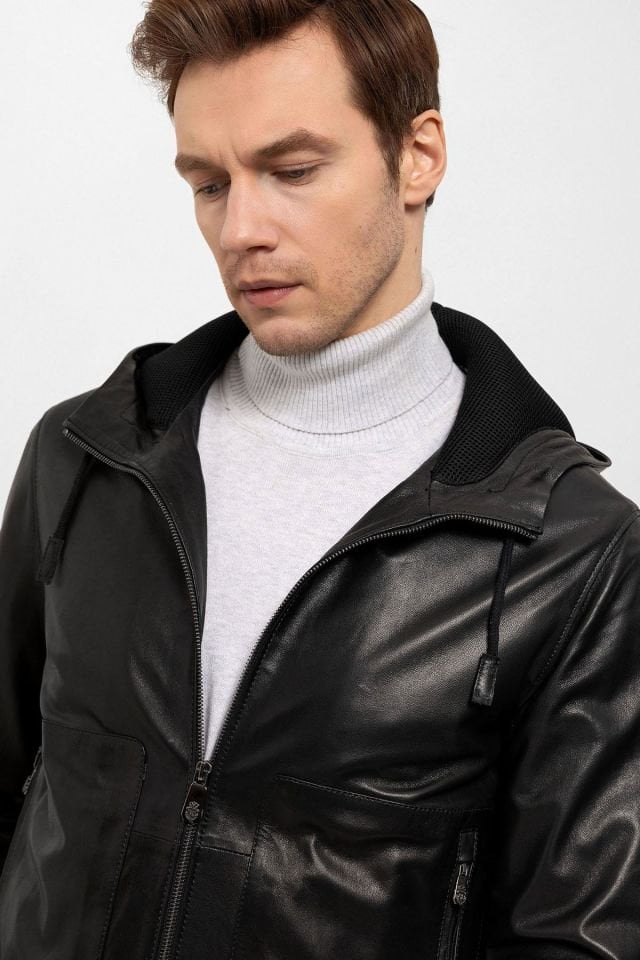 Black Clint Hooded Man Genuine Leather Jacket