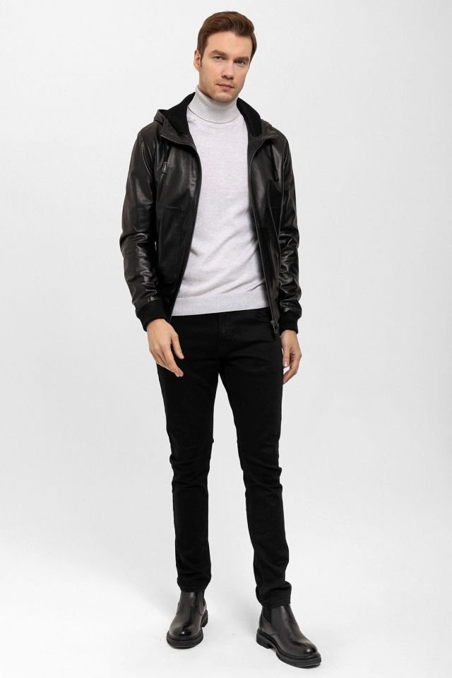 Black Clint Hooded Man Genuine Leather Jacket