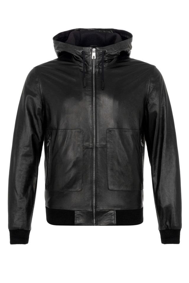 Black Clint Hooded Man Genuine Leather Jacket