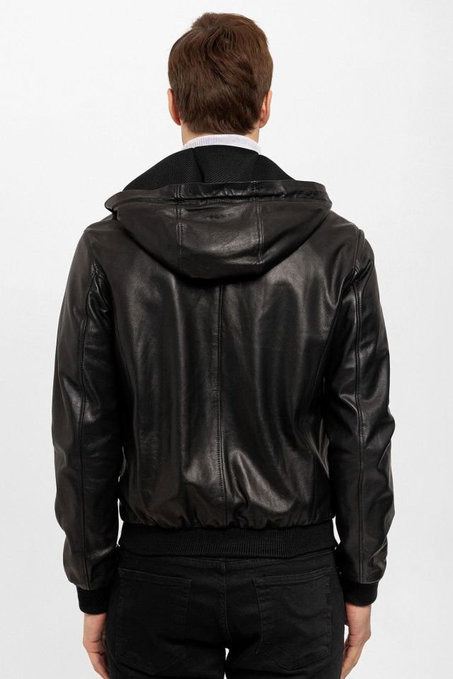 Black Clint Hooded Man Genuine Leather Jacket