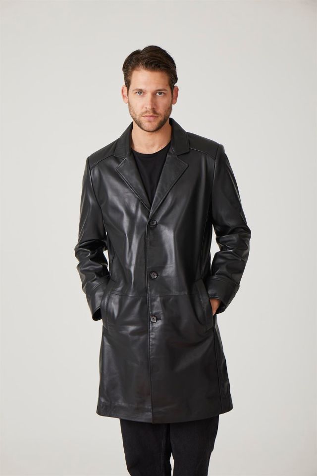 Black Tarkan Buttoned Lined Trench Coat Man Genuine Leather Coat