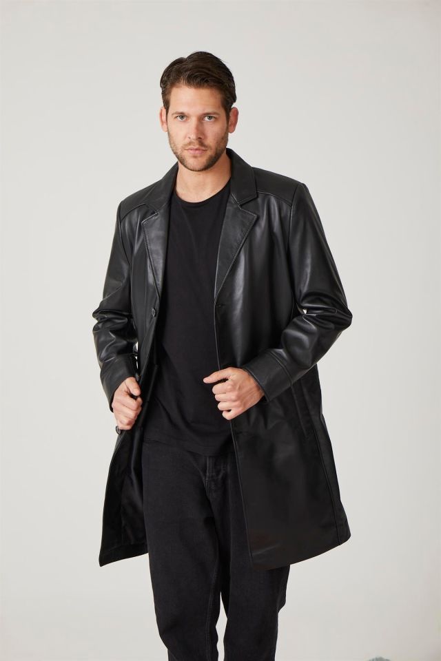 Black Tarkan Buttoned Lined Trench Coat Man Genuine Leather Coat