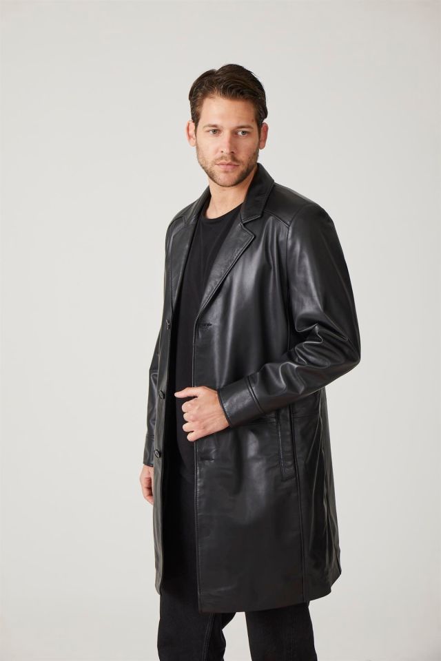 Black Tarkan Buttoned Lined Trench Coat Man Genuine Leather Coat