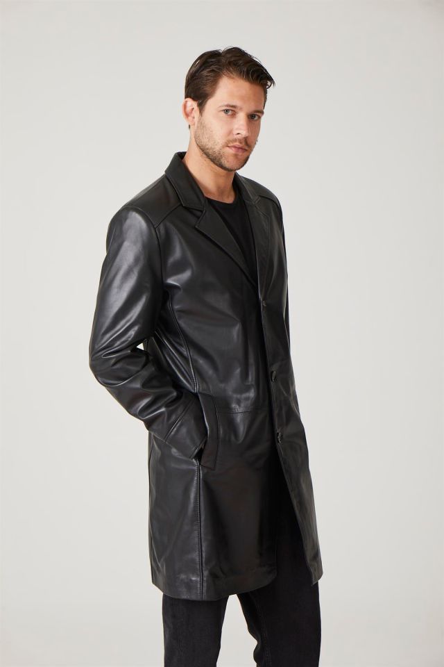 Black Tarkan Buttoned Lined Trench Coat Man Genuine Leather Coat