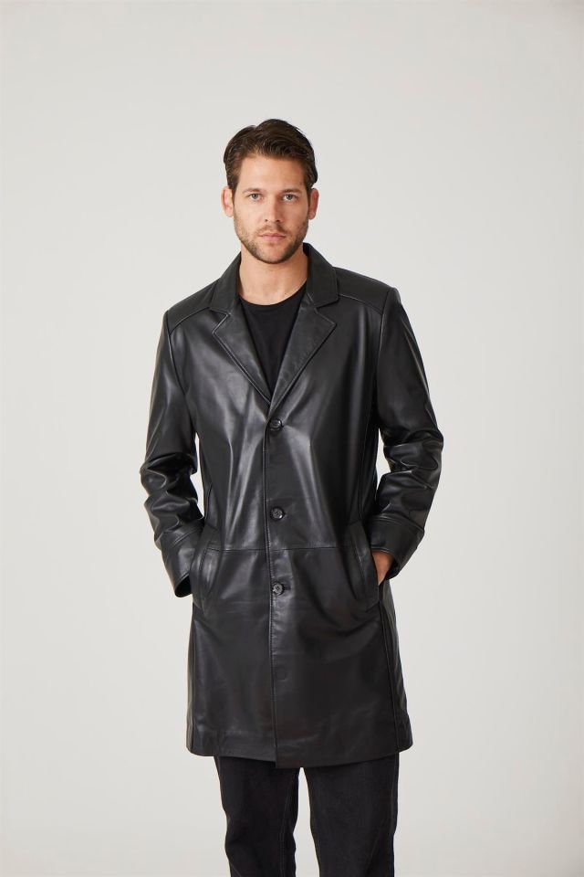 Black Tarkan Buttoned Lined Trench Coat Man Genuine Leather Coat