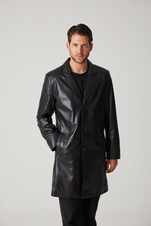 Black Tarkan Buttoned Lined Trench Coat Man Genuine Leather Coat