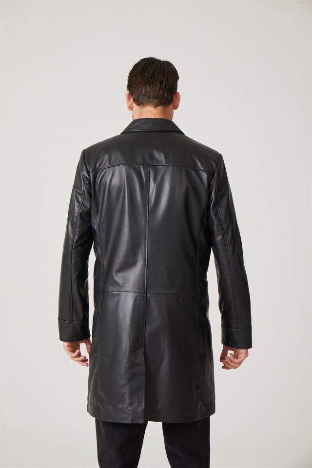 Black Tarkan Buttoned Lined Trench Coat Man Genuine Leather Coat