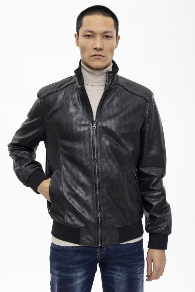 Black Matte Perforated Genuine Leather Man Bomber Jacket