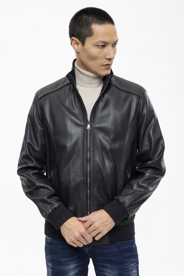 Black Matte Perforated Genuine Leather Man Bomber Jacket