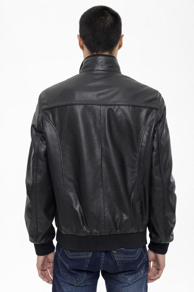 Black Matte Perforated Genuine Leather Man Bomber Jacket