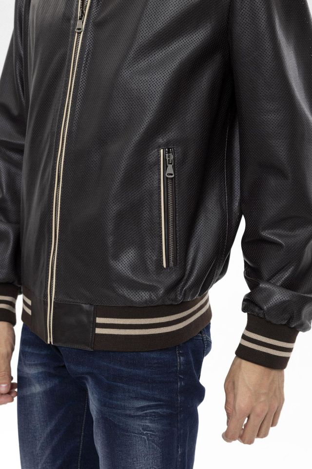 Brown Steve Beige Garnished Genuine Leather Man Bomber Jacket