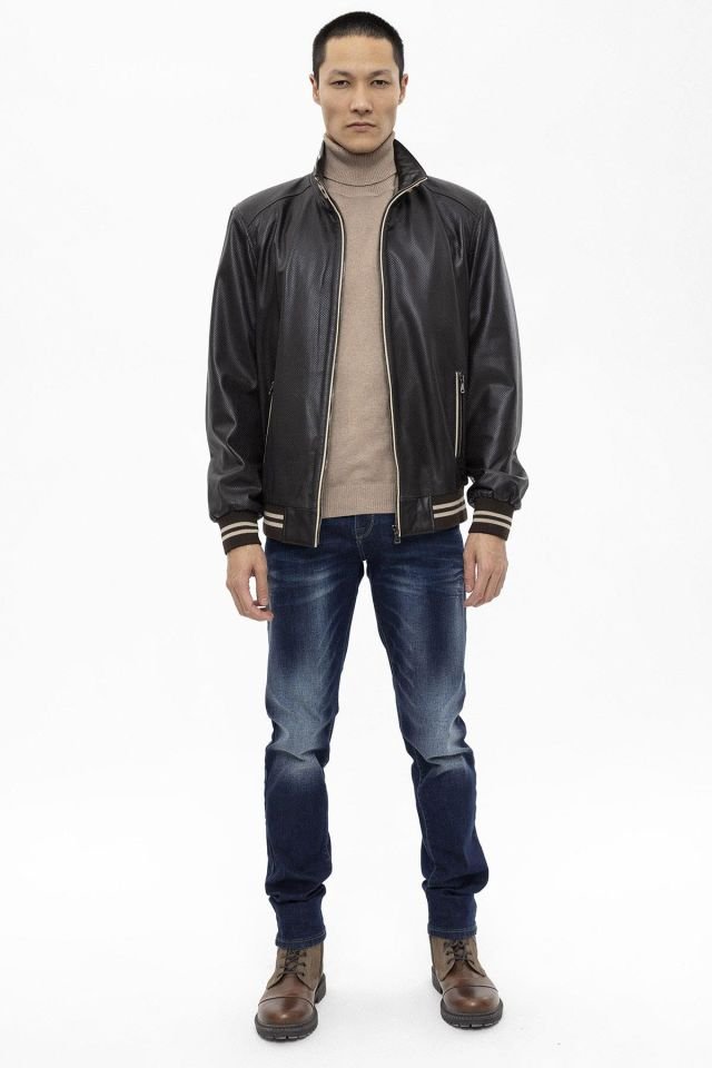 Brown Steve Beige Garnished Genuine Leather Man Bomber Jacket