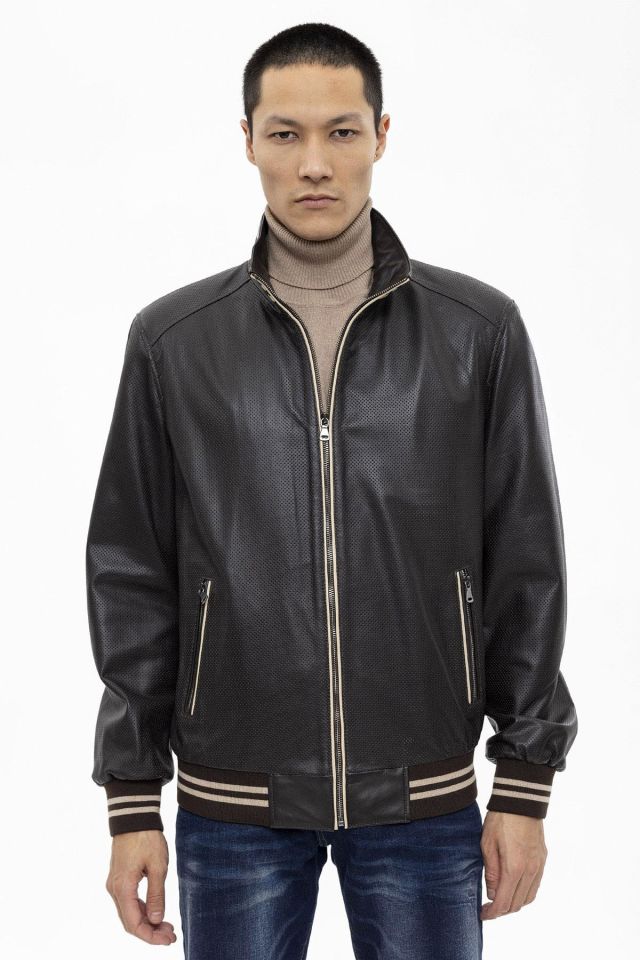 Brown Steve Beige Garnished Genuine Leather Man Bomber Jacket