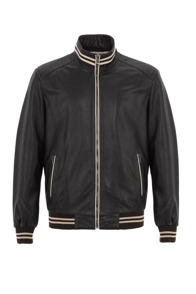 Brown Steve Beige Garnished Genuine Leather Man Bomber Jacket
