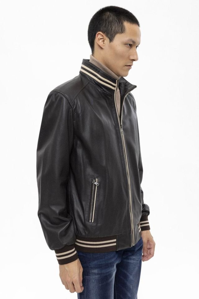 Brown Steve Beige Garnished Genuine Leather Man Bomber Jacket