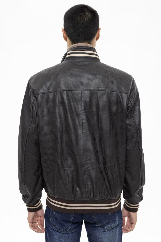 Brown Steve Beige Garnished Genuine Leather Man Bomber Jacket