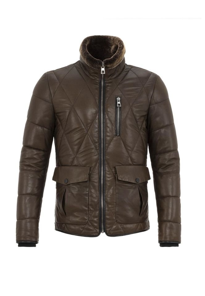 Green Perit Quilted Insulated Collar Fur Man Genuine Leather Coat