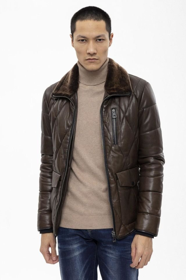 Green Perit Quilted Insulated Collar Fur Man Genuine Leather Coat