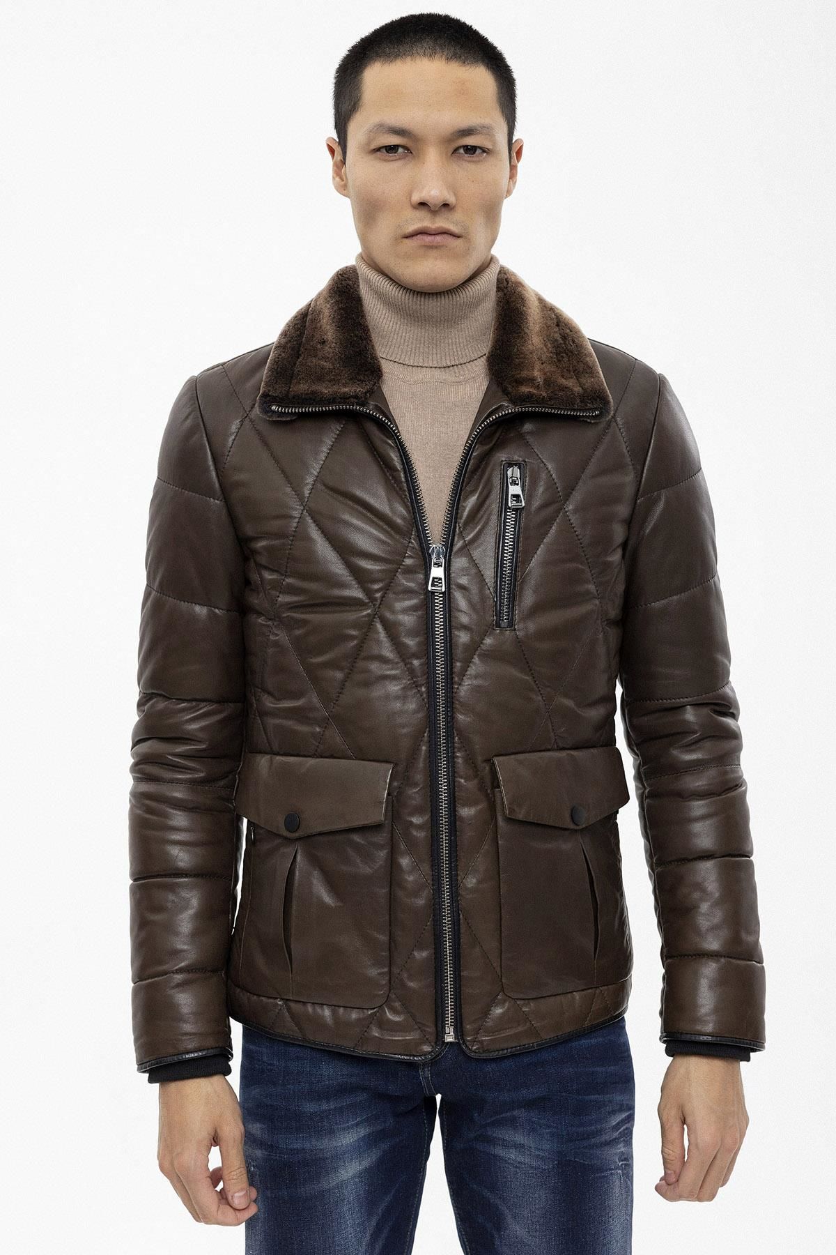 Green Perit Quilted Insulated Collar Fur Man Genuine Leather Coat