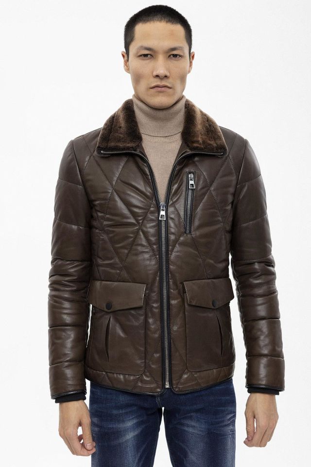 Green Perit Quilted Insulated Collar Fur Man Genuine Leather Coat