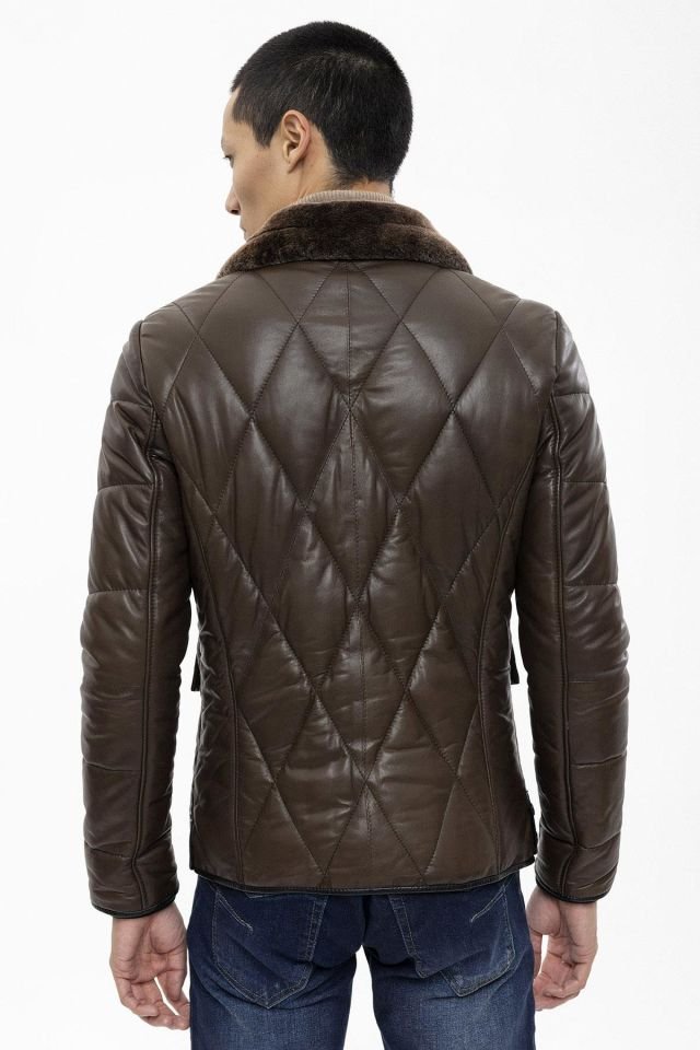Green Perit Quilted Insulated Collar Fur Man Genuine Leather Coat