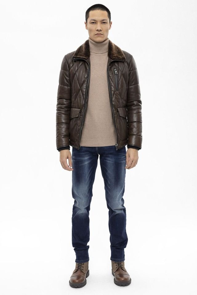 Green Perit Quilted Insulated Collar Fur Man Genuine Leather Coat