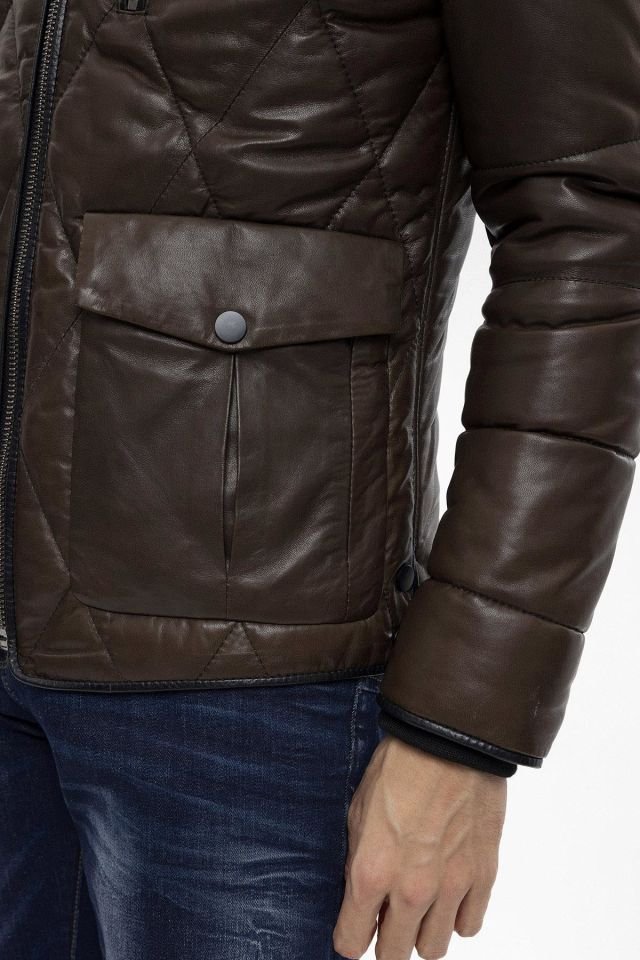 Green Perit Quilted Insulated Collar Fur Man Genuine Leather Coat