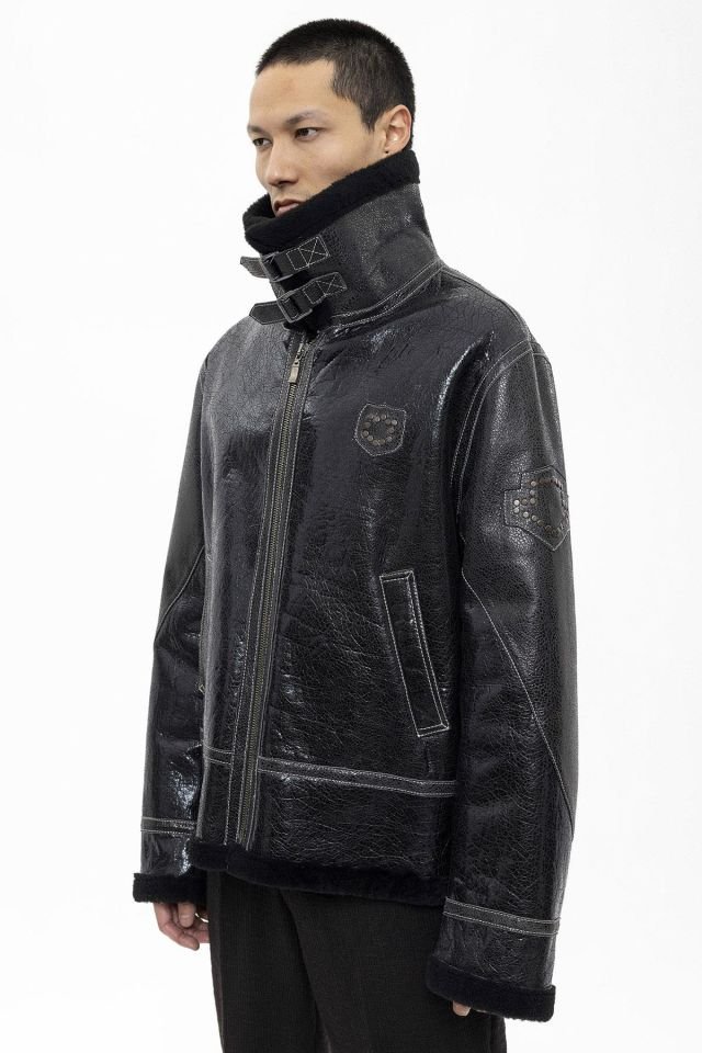 Black Oversize Man Genuine Shearling Coat